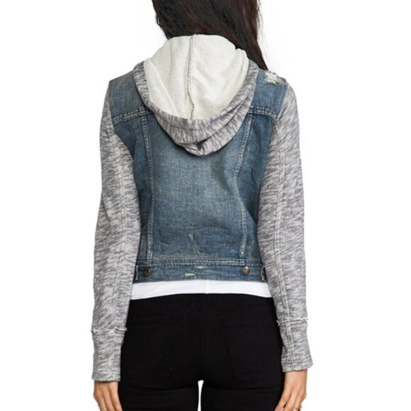 Free People Blue Denim Jean Heather Gray Knit Long Sleeve Hooded Jacket Size XS - Picture 2 of 12